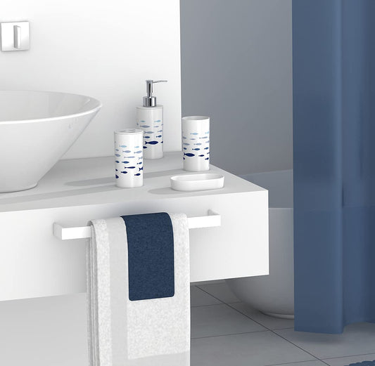 FurnitureXtra Modern Design 7 Piece Plastic Bathroom Accessory Set, Soap Dish, Tooth Brush Holder, Soap Dispenser, Tumbler, Shower Curtain, Curtain Rings and Bathmat