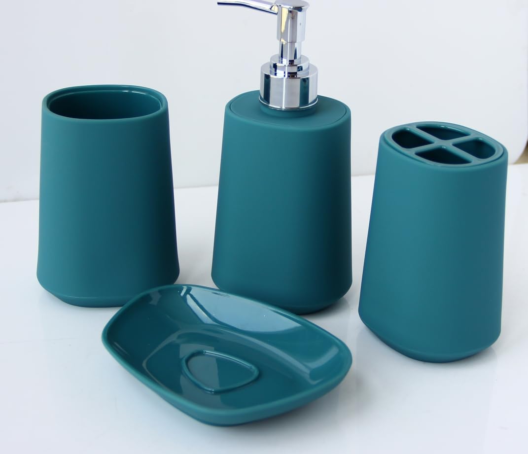 Fingey Modern Design 4 Piece Bathroom Accessory Set, Soap Dish, Tooth Brush Holder, Soap Dispenser, Rinse Cup (White)