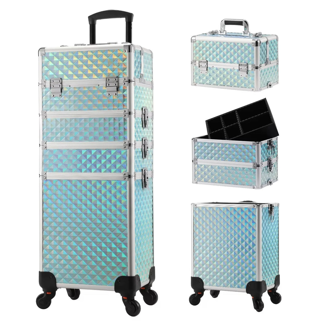 Makeup Trolley Case Detachable 4 in 1 Alloy Train Briefcase for Nail Manicure on Wheels Lock Salon Large Capacity Storage Case