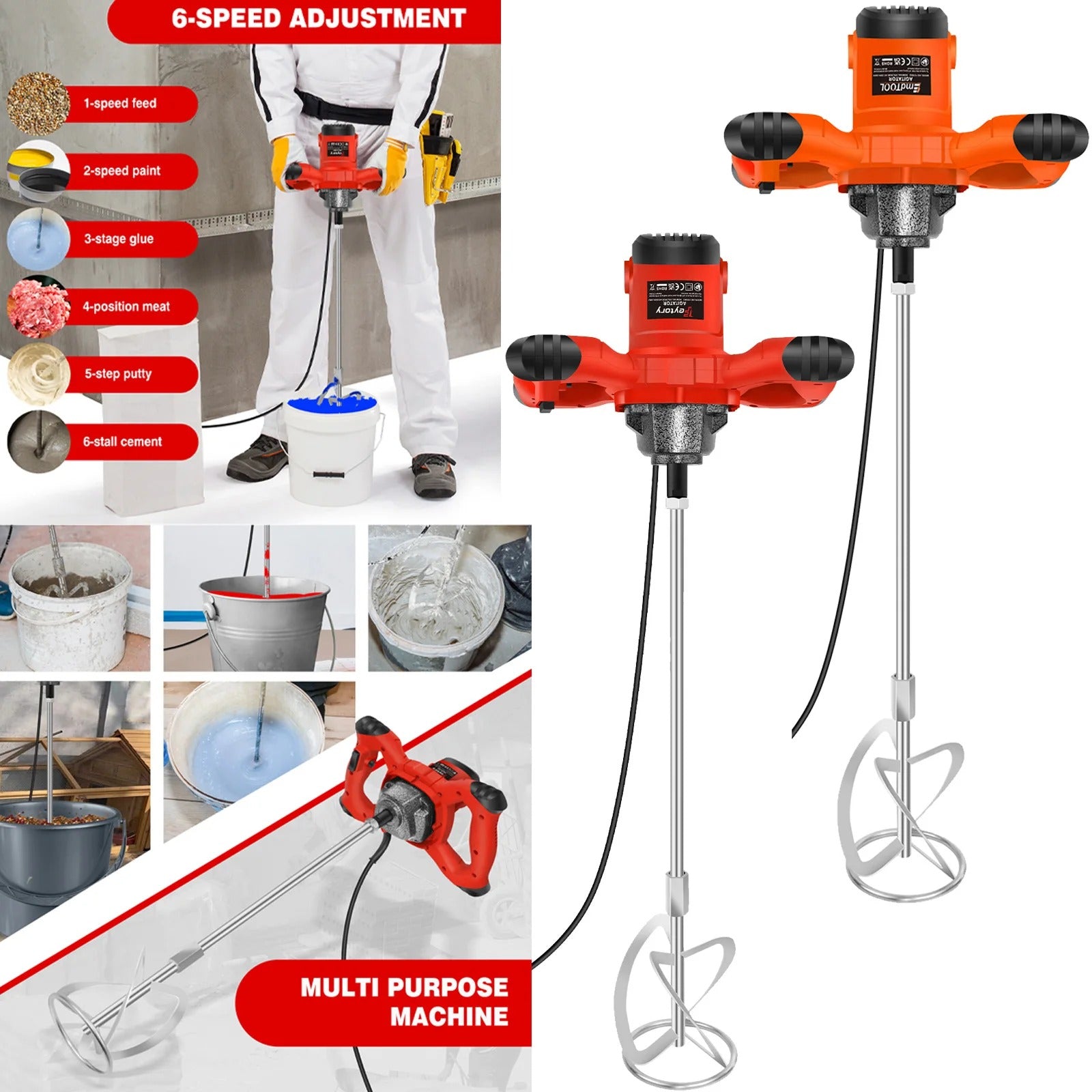 2600W Handheld Concrete Mixer Machine Paddle Mixer Adjustable 6 Speed Stirrer Electric Mix Stirring Tool M14 Mixing Rod