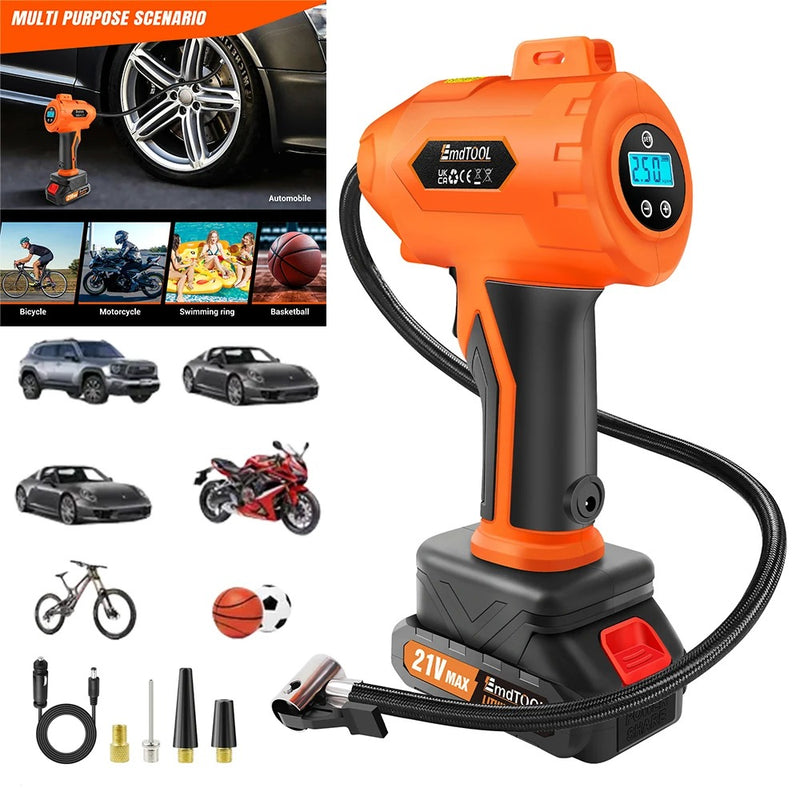 Portable Electric Car Tyre Pump, 180PSI High-Pressure Air Compressor, 21V Rechargeable & 12V Car Adapter