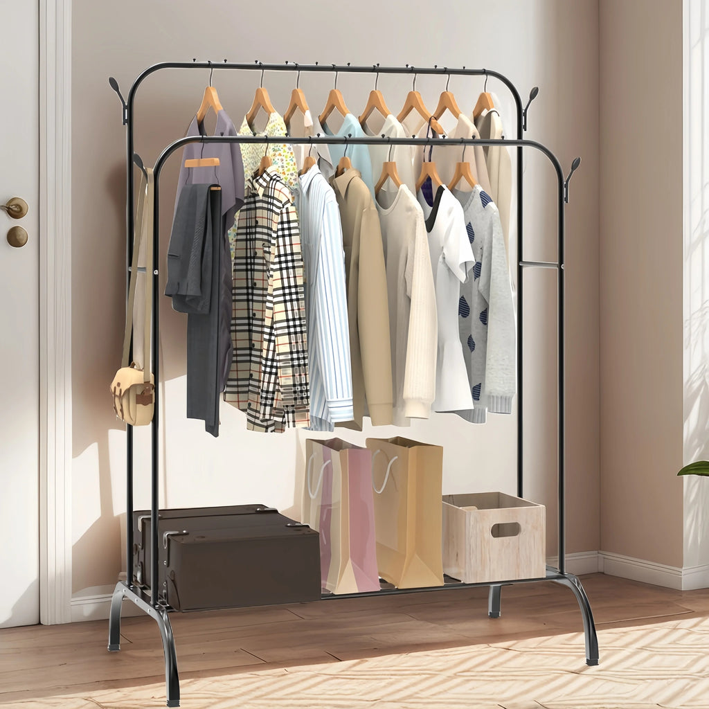 Double-Track Double-Rod Clothes Rail – Free-Standing Metal Coat Hanger with Shoe Rack, Adult & Children Garment Display Stand