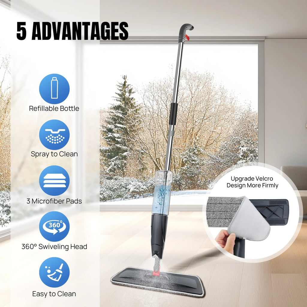 Wet and Dry Spray Mop Floor Wiper with Spray Function with 3 Wiper Pads and Window Scraper, 360° Rotating Mop 700ml