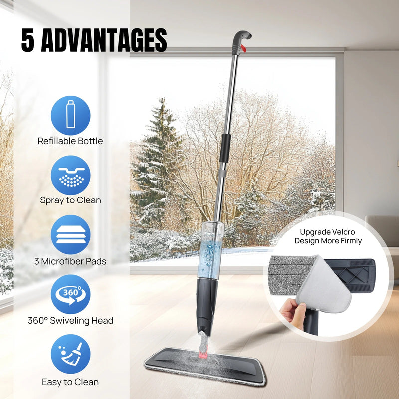 Wet and Dry Spray Mop Floor Wiper with Spray Function with 3 Wiper Pads and Window Scraper, 360° Rotating Mop 700ml
