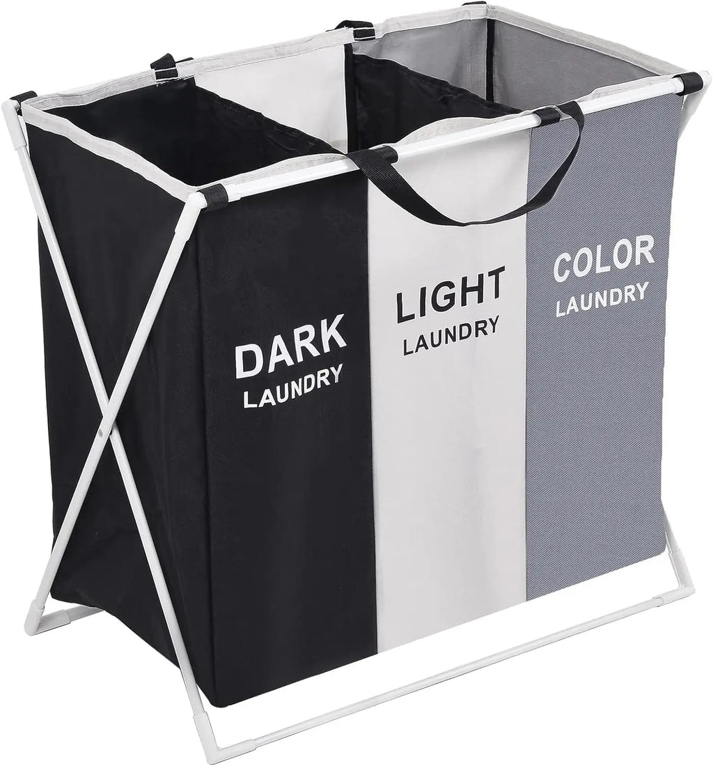 Laundry Basket 3 Compartments Large Foldable Bins Collapsible Hamper Aluminum Bracket and Carry Handles for Bedroom Bathroom