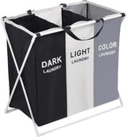 Laundry Basket 3 Compartments Large Foldable Bins Collapsible Hamper Aluminum Bracket and Carry Handles for Bedroom Bathroom