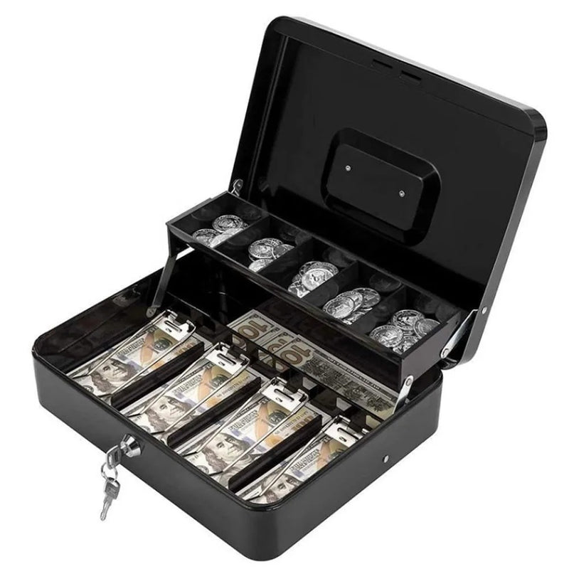 Money Box with Key -Money Tin with Lock - Small Lockable Cash Box with Coin Tray for Petty Cash Coins Notes