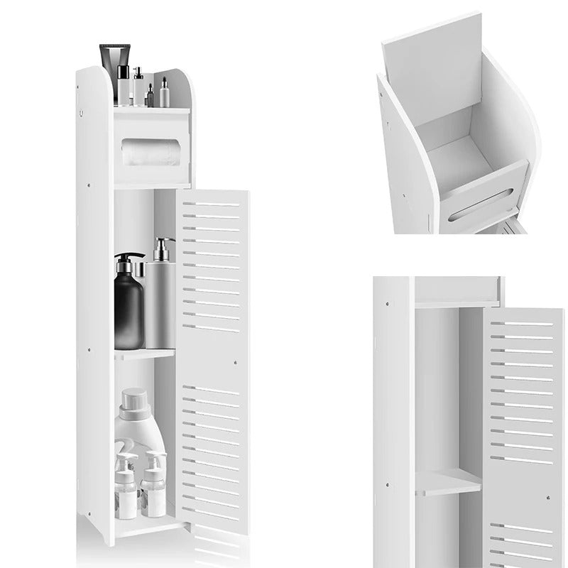 3-Tier Slim Bathroom Storage Cabinet with Doors – Waterproof PVC Floor Organizer for Narrow Spaces