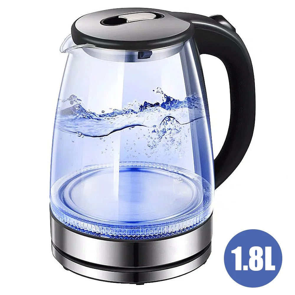 1.8L Electric Glass Kettle 1500–1800W | Fast Boil Water Heater with Dry Boil Protection (UK Plug)