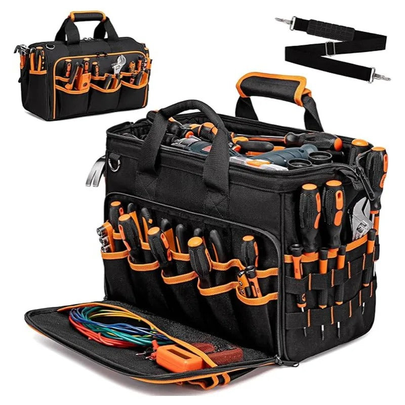 17-Inch Heavy-Duty Tool Tote Bag – Waterproof Multi-Pocket Organizer for Electricians & Mechanics