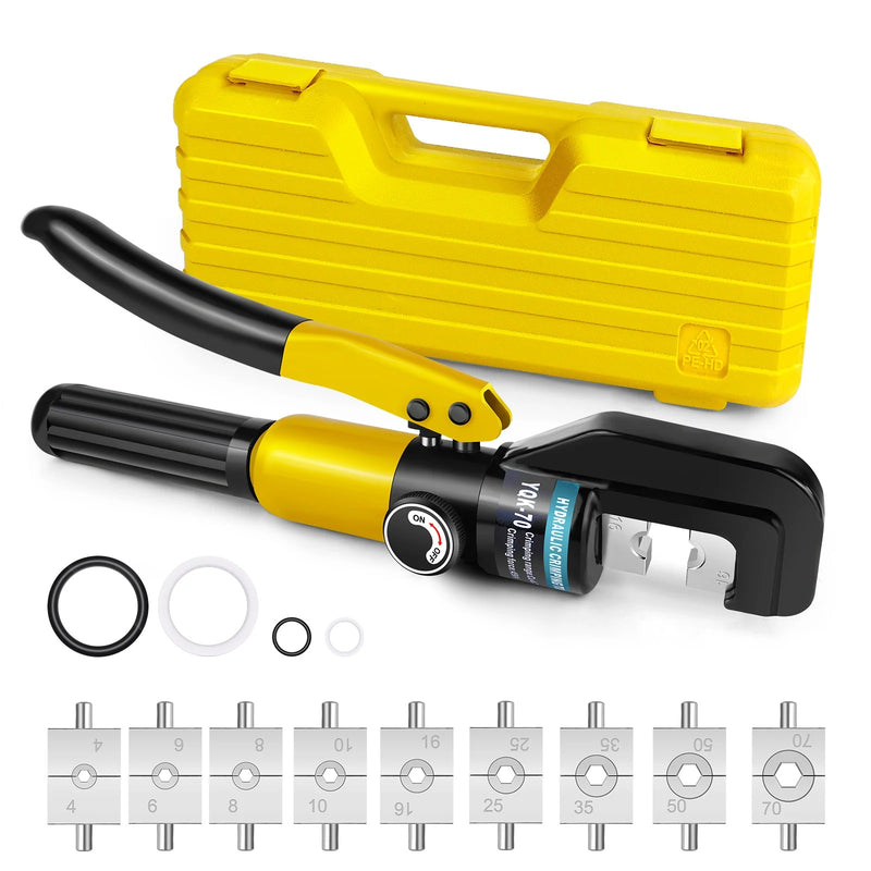 Hydraulic Crimping Tool Set 100KN – Heavy Duty Wire & Battery Cable Lug Crimper with 9 Dies (4–70mm²) | Manual Hydraulic Terminal Crimping Tool Kit with Case