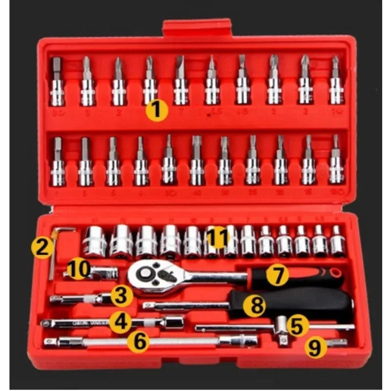 46PCS 1/4" Drive Socket Ratchet Wrench Set – Chrome Vanadium Car Repair Tool Kit with Case