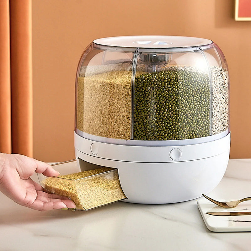 Rotating Rice & Grain Dispenser – 6-Compartment Sealed Food Storage Container, Insect-Proof Kitchen Organiser