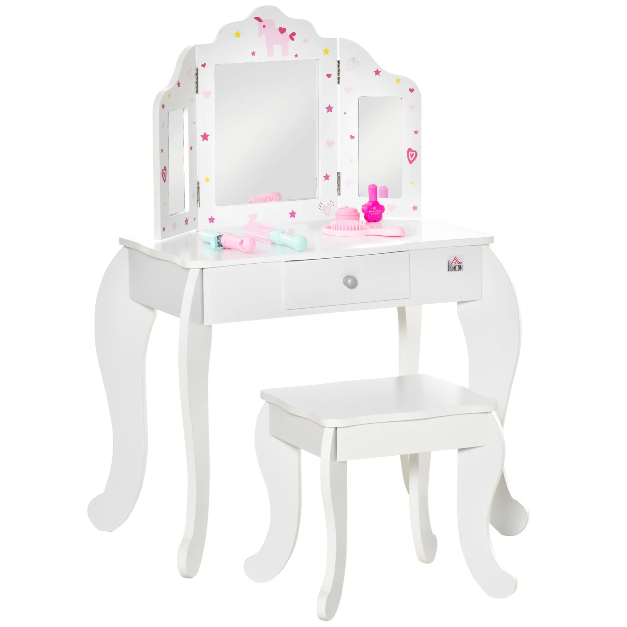HOMCOM Kids Vanity Table & Stool Girls Dressing Set Make Up Desk with Rotatable Mirrors Drawer Star & Heart Pattern White