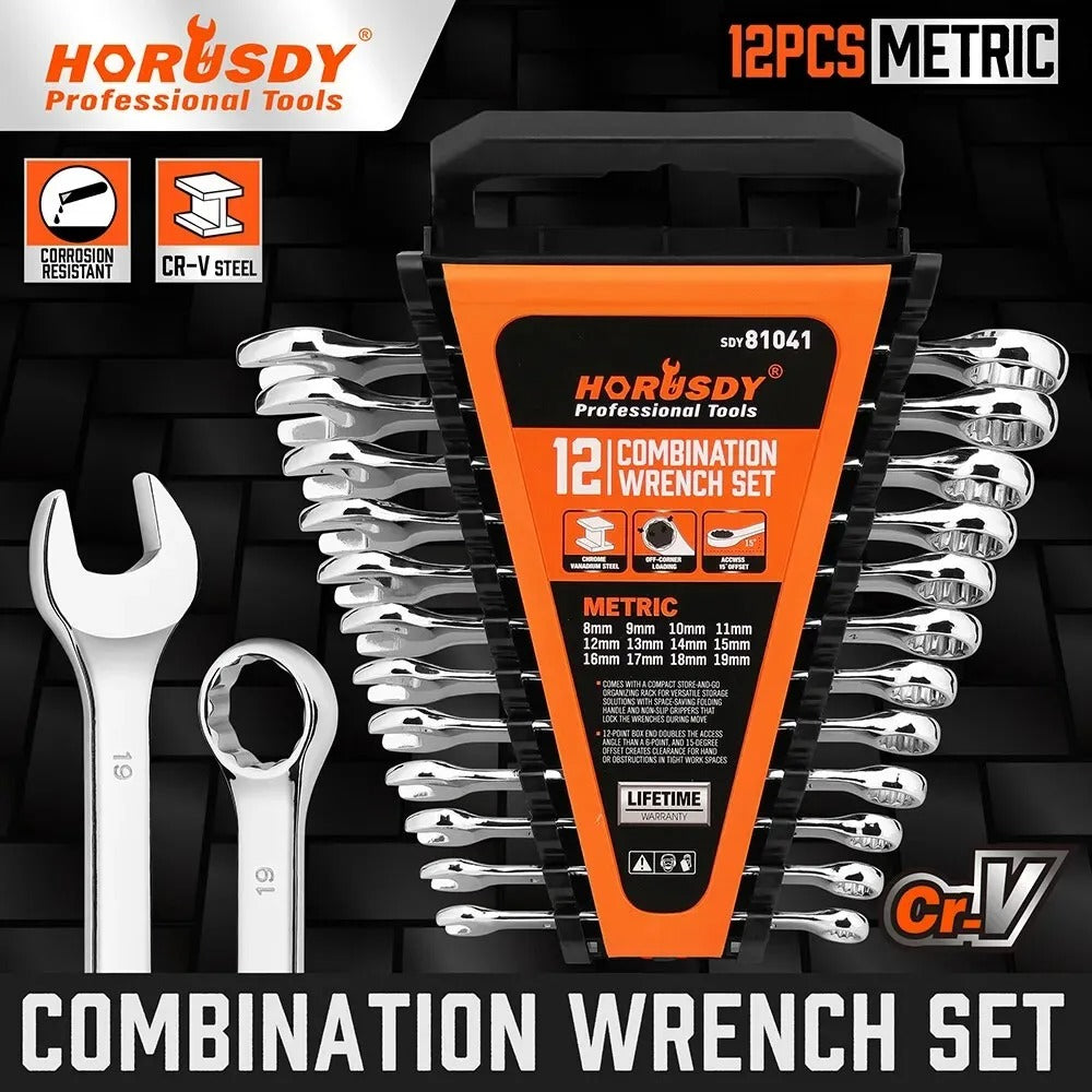 HORUSDY 12-Piece Metric Spanner Set – Chrome Vanadium Steel Open & Ring Wrench Kit (8-19mm) with Storage Rack