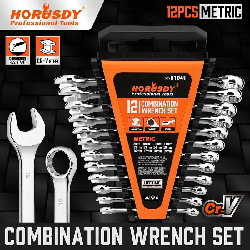 HORUSDY 12-Piece Metric Spanner Set – Chrome Vanadium Steel Open & Ring Wrench Kit (8-19mm) with Storage Rack