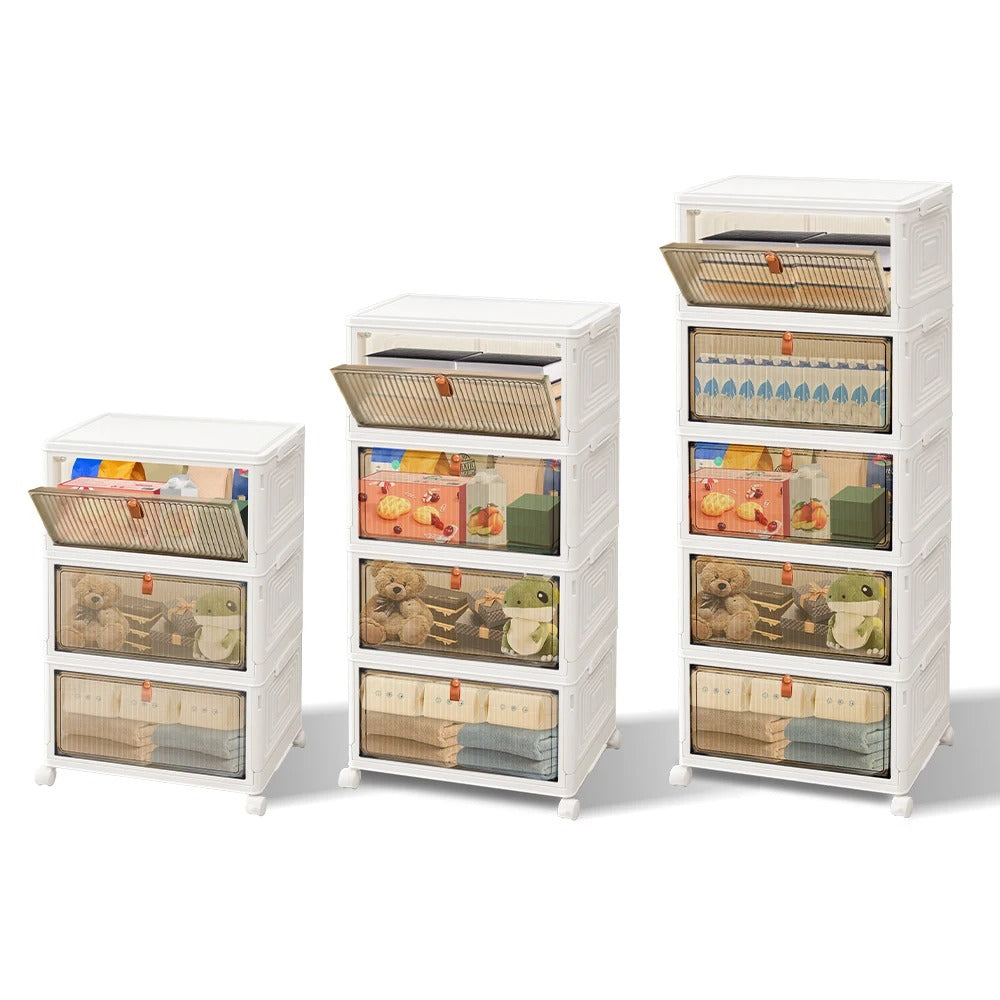 3/4/5 Tier Stackable Storage Boxes with Lids | Foldable Plastic Organiser with Lockable Wheels for Home & Office