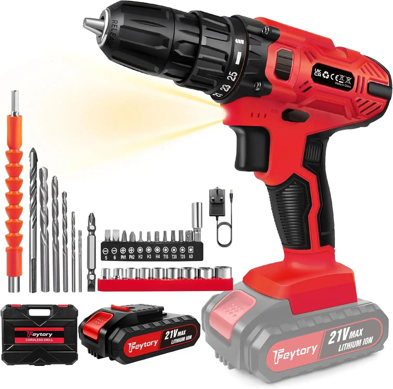 Professional Cordless Drill & Screwdriver Kit – 21V, 45Nm Torque, 2-Speed Gearbox & 29 Accessories