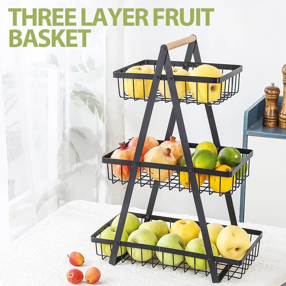 3 Tier Fruit Basket Storage Stand with Handle – Metal Countertop Fruit & Vegetable Organizer Rack | Space Saving Kitchen Fruit Bowl for Snacks, Bread & Produce