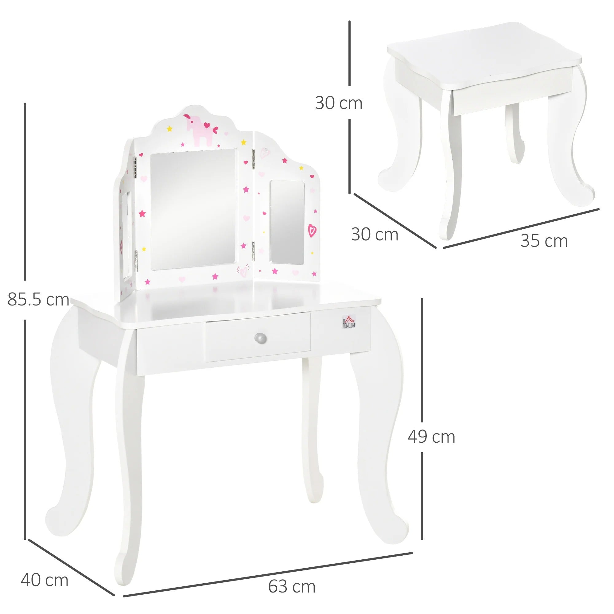 HOMCOM Kids Vanity Table & Stool Girls Dressing Set Make Up Desk with Rotatable Mirrors Drawer Star & Heart Pattern White