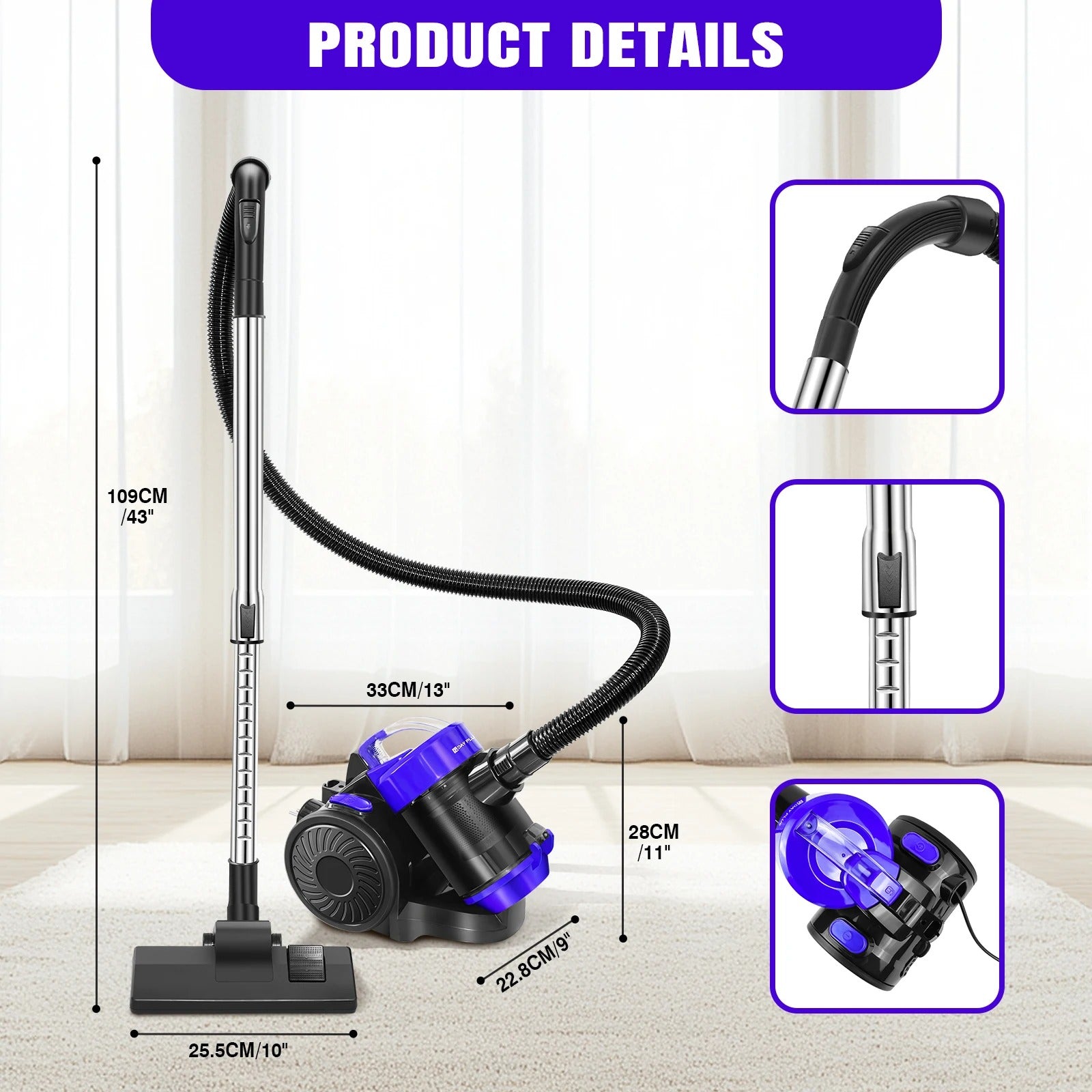 3 IN 1 Vacuum Cleaner, 3800W Basics Cylinder Vacuum Cleaner with HEPA filter for Hardfloor, Carpet,Car Living Room,Kitchen,1.5L