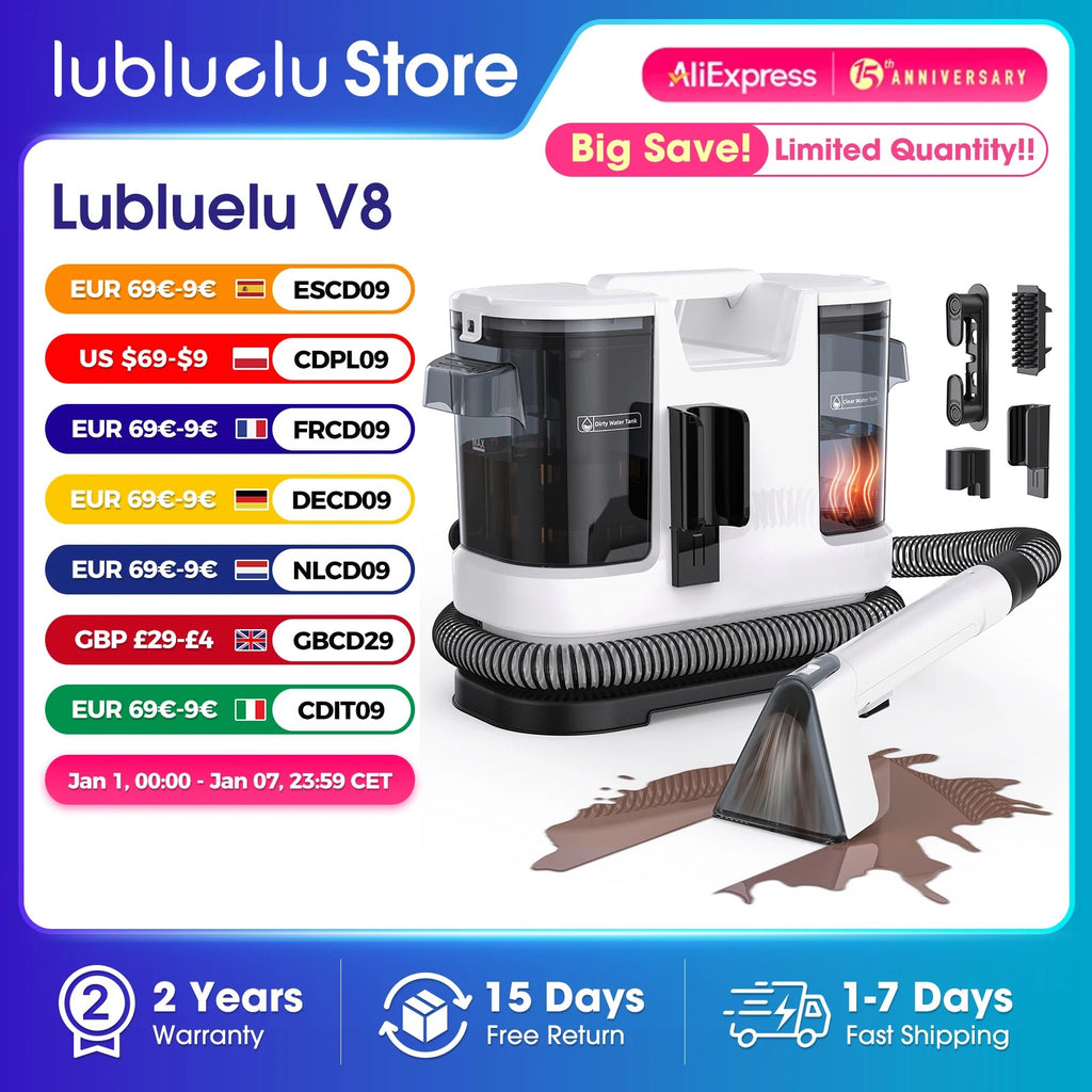 Lubluelu V8 800W Hot Water Carpet Cleaner 60°C Deep Clean Pet Stains 15kPa Strong Suction 5M Long Power Cord 1.75L Tank