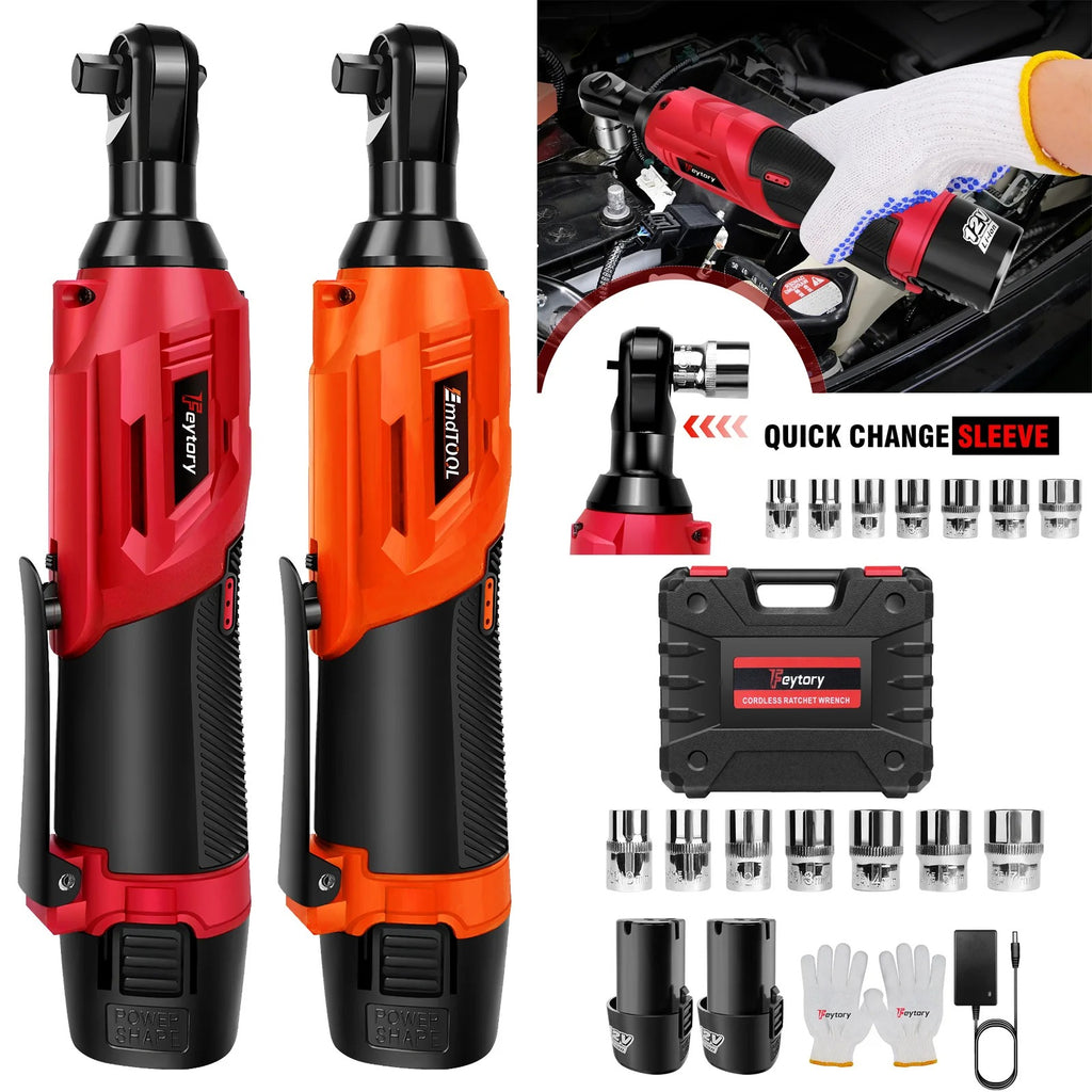 200NM 3/8" Cordless Electric Ratchet Wrench,90° Angle Wrench 12V Power Ratchet Tool with 2 Batteries & Charger+7 Sockets