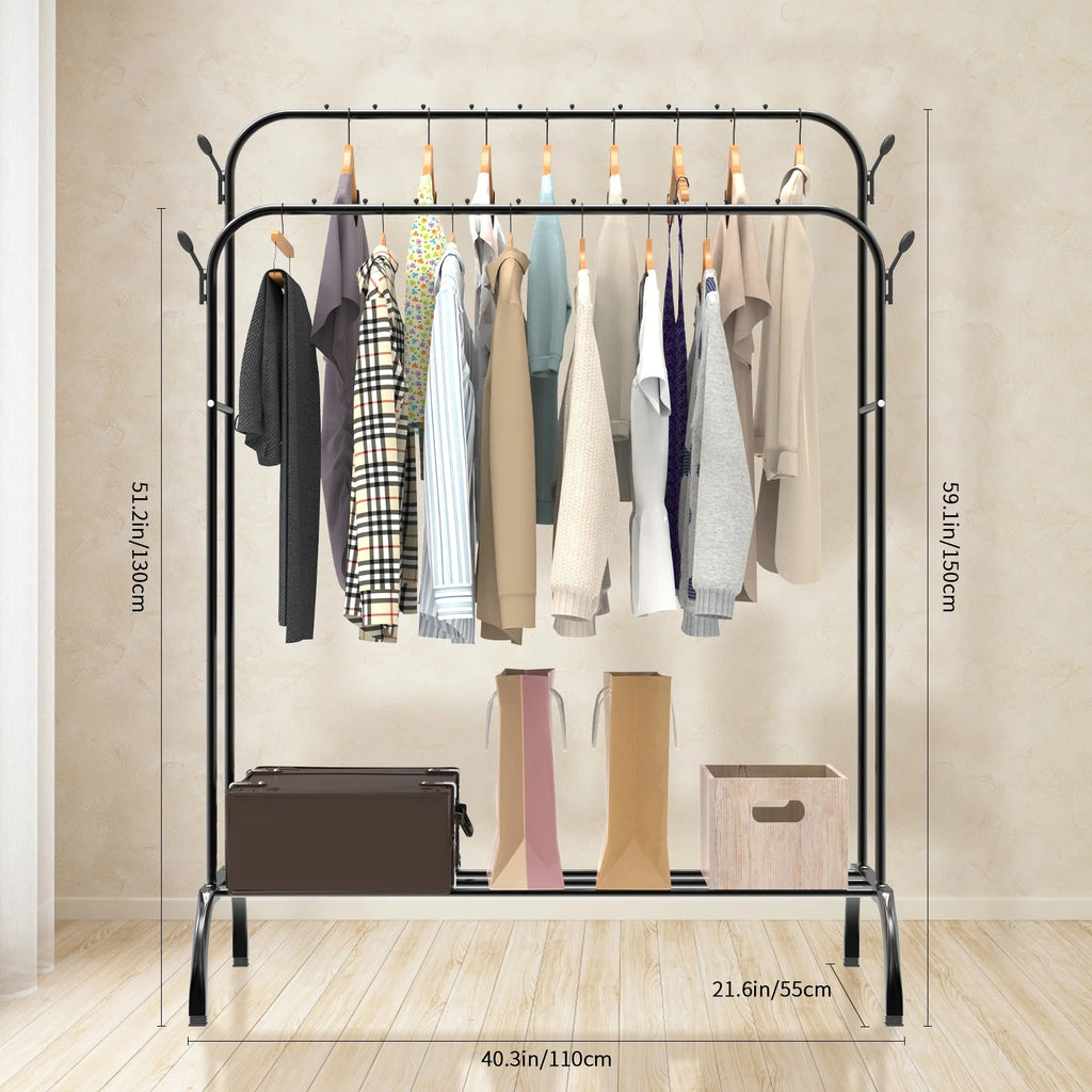Double-Track Double-Rod Clothes Rail – Free-Standing Metal Coat Hanger with Shoe Rack, Adult & Children Garment Display Stand