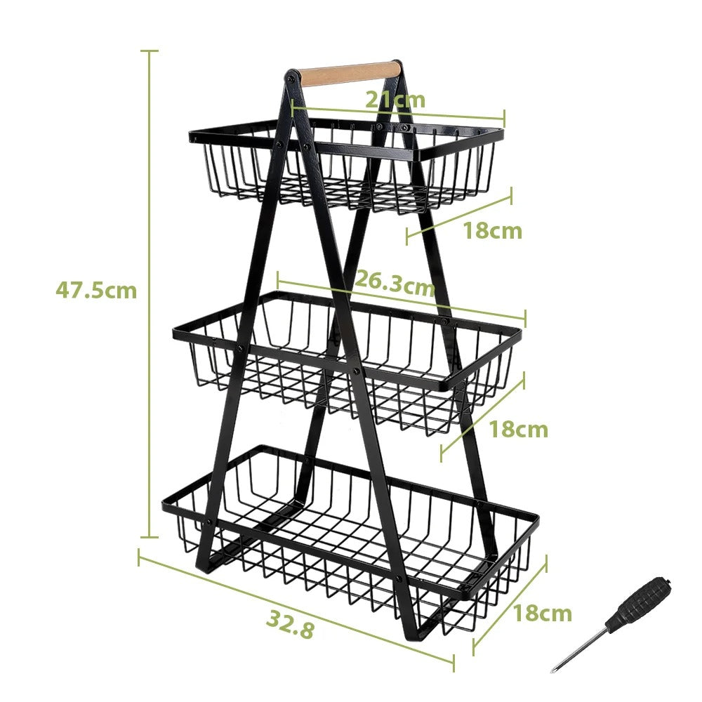 3 Tier Fruit Basket Storage Stand with Handle – Metal Countertop Fruit & Vegetable Organizer Rack | Space Saving Kitchen Fruit Bowl for Snacks, Bread & Produce
