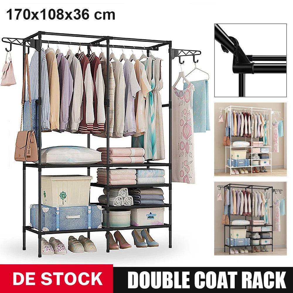 Double-Rod Clothes Rack | Movable Clothing Hanger with Hooks & Fabric Layers for Bedroom & Home