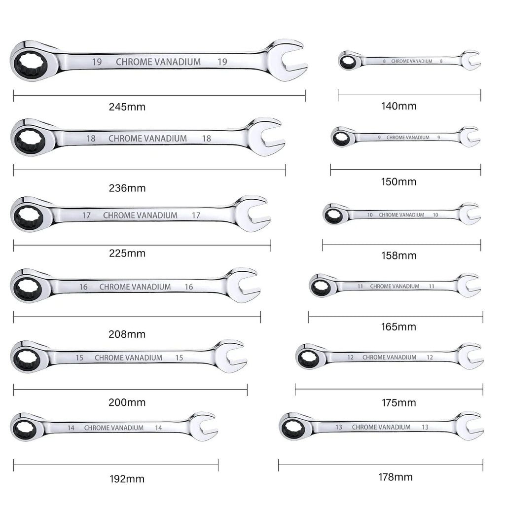 12pcs Metric Ratchet Spanner Wrench Set 8–19mm | Combination Ratcheting Spanners with Roll-Up Pouch