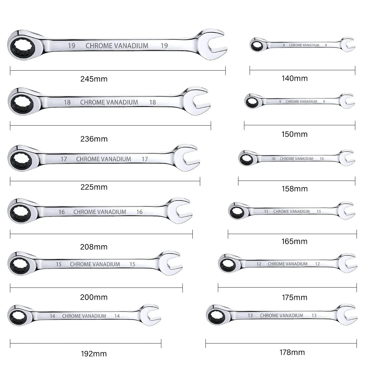 12pcs Metric Ratchet Spanner Wrench Set 8–19mm | Combination Ratcheting Spanners with Roll-Up Pouch