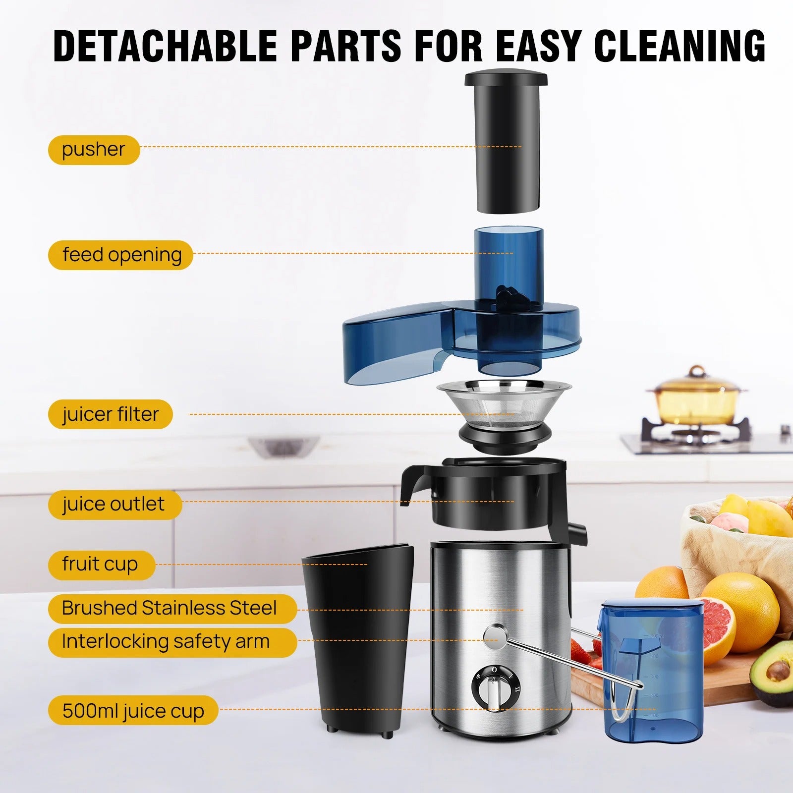 Juicer Machine, Feed Chute for Fruits, Vegetables & Citrus, 2-Speed Centrifugal Juice Extractor, 500ML Capacity