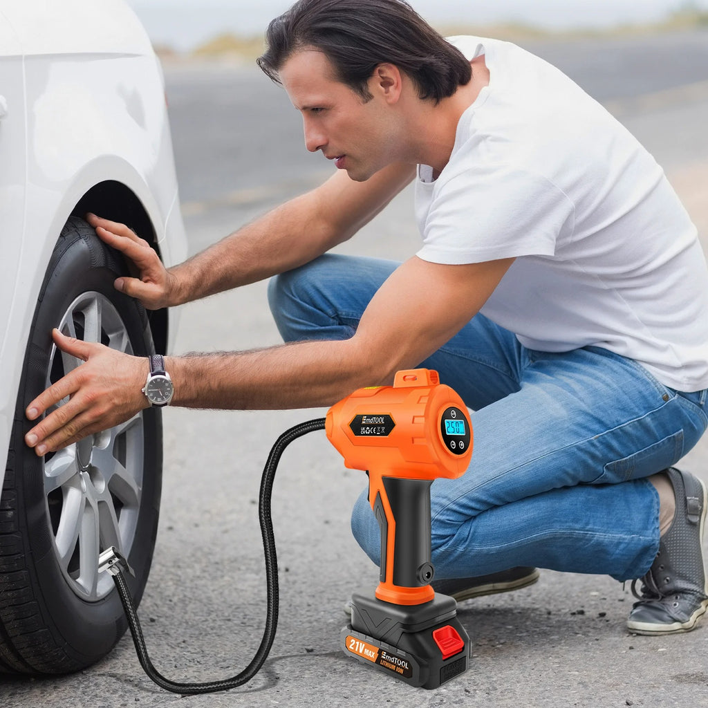 Portable Electric Car Tyre Pump, 180PSI High-Pressure Air Compressor, 21V Rechargeable & 12V Car Adapter