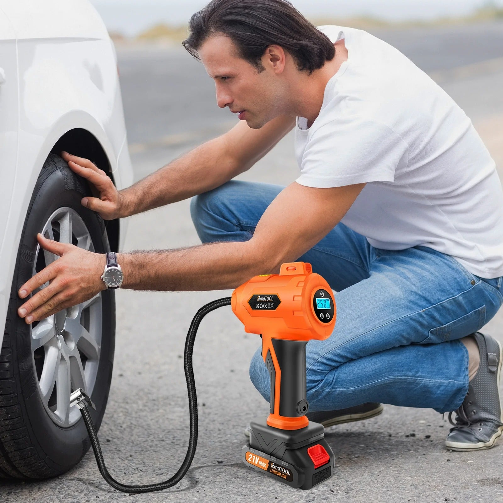 Portable Electric Car Tyre Pump, 180PSI High-Pressure Air Compressor, 21V Rechargeable & 12V Car Adapter