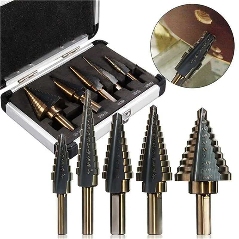 5-Piece HSS Cobalt Step Drill Bit Set – 50-Size Multi-Hole Conical Cutter with Organiser Case