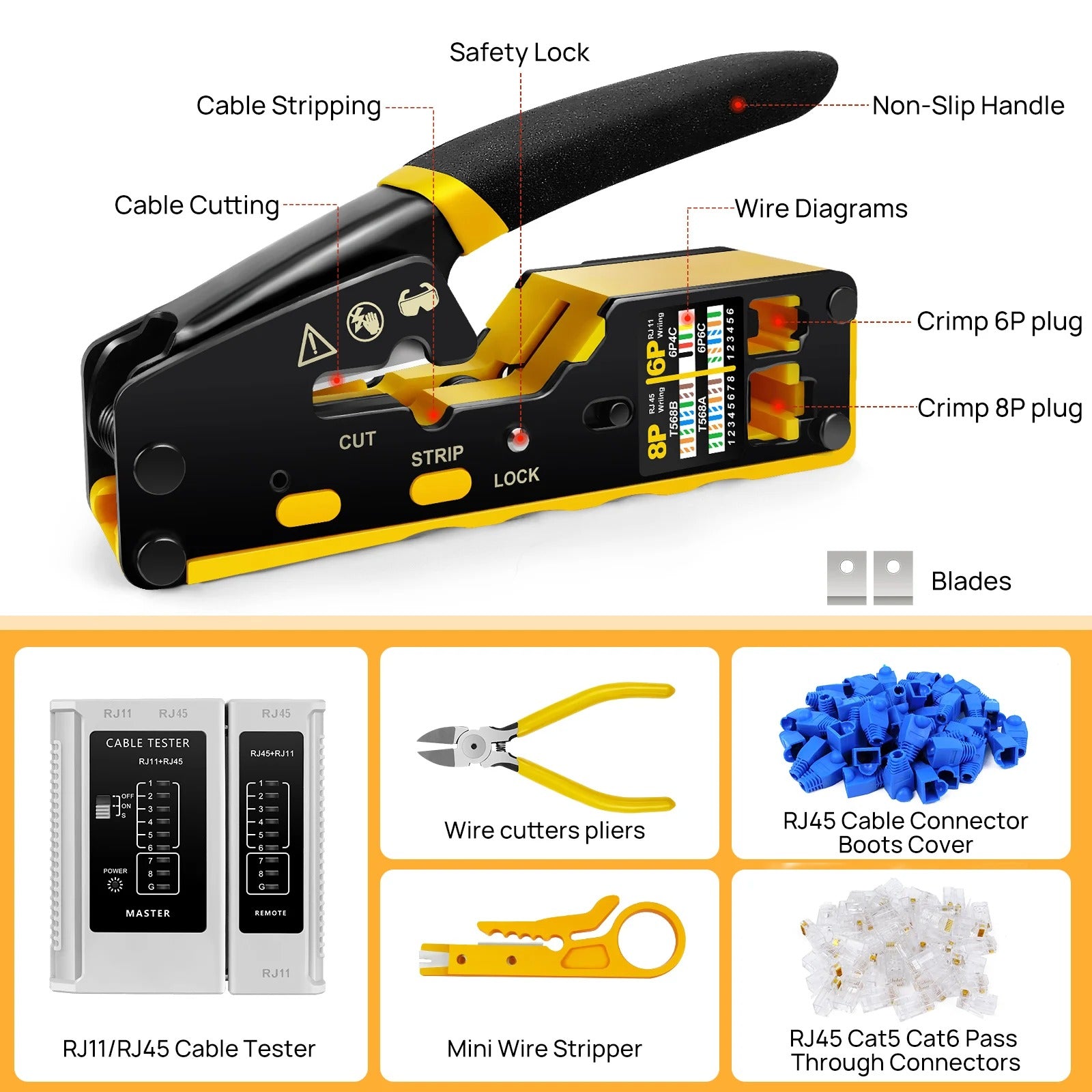 RJ45/RJ11/RJ12 Pass-Through Crimping Tool Kit – Includes Network Cable Tester, Stripper, 50 Connectors & Covers