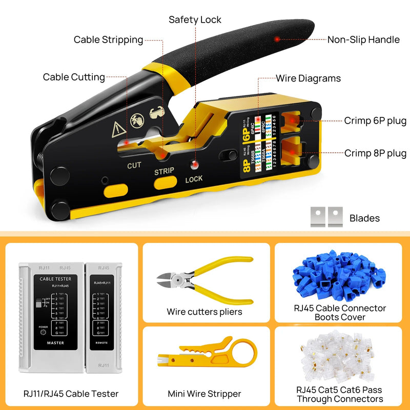 RJ45/RJ11/RJ12 Pass-Through Crimping Tool Kit – Includes Network Cable Tester, Stripper, 50 Connectors & Covers