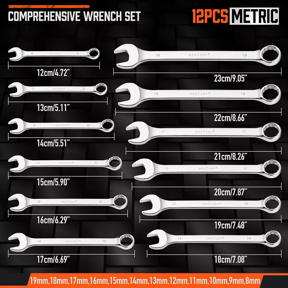 HORUSDY 12-Piece Metric Spanner Set – Chrome Vanadium Steel Open & Ring Wrench Kit (8-19mm) with Storage Rack