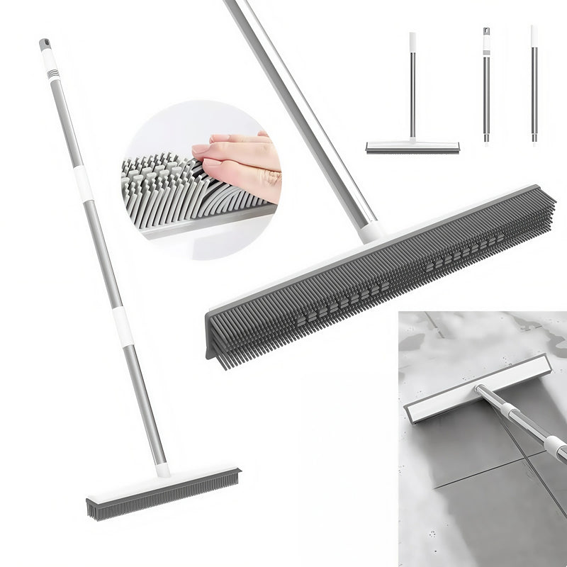 2-in-1 Rubber Broom with Squeegee – Silicone Pet Hair Remover, Long Handle Floor & Window Cleaning Brush