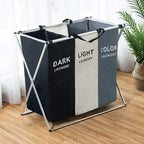 Laundry Basket 3 Compartments Large Foldable Bins Collapsible Hamper Aluminum Bracket and Carry Handles for Bedroom Bathroom