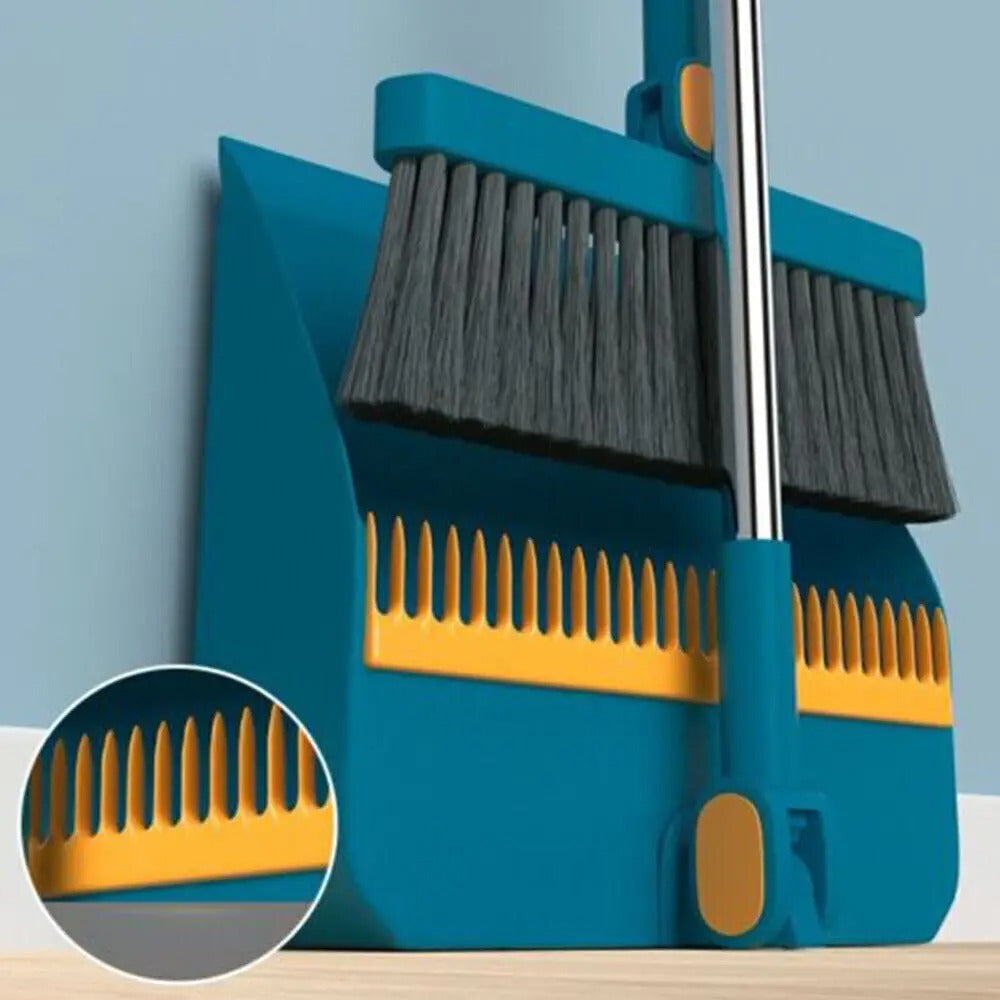 Long Handle Broom and Dustpan Set – Foldable Household Cleaning Brush with Hair Comb Teeth, Wet & Dry Floor Sweeping Set