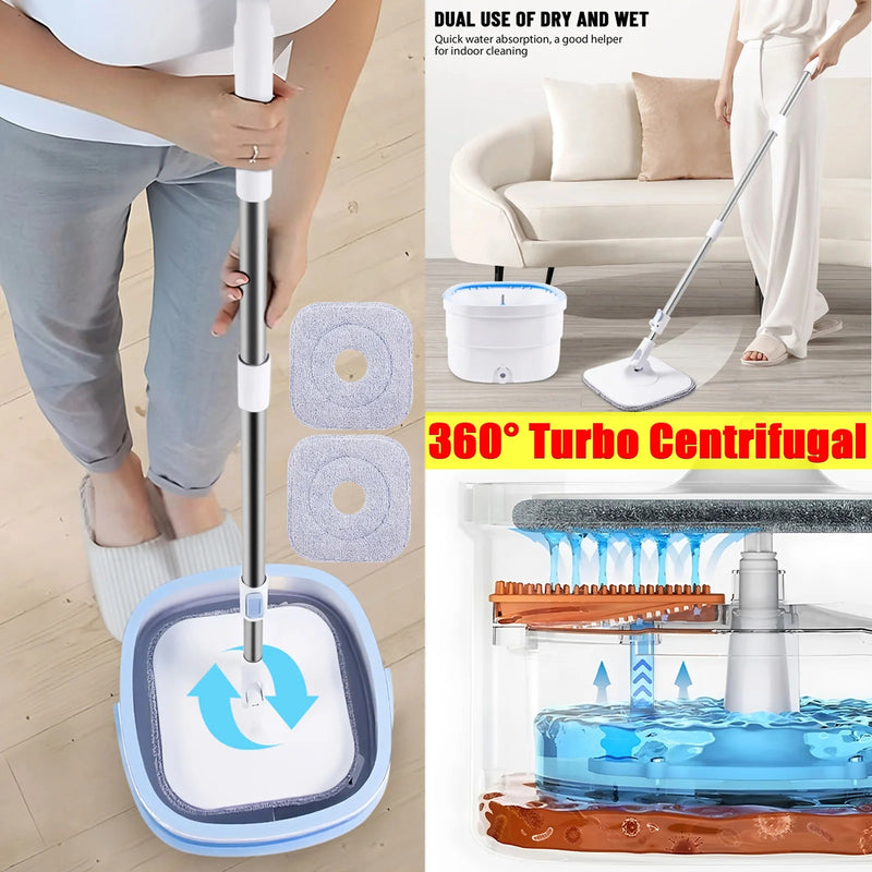 VickHome 360° Turbo Spin Mop and Bucket Set with 2.5L Capacity, Stainless Steel Handle & 3 Mop Heads