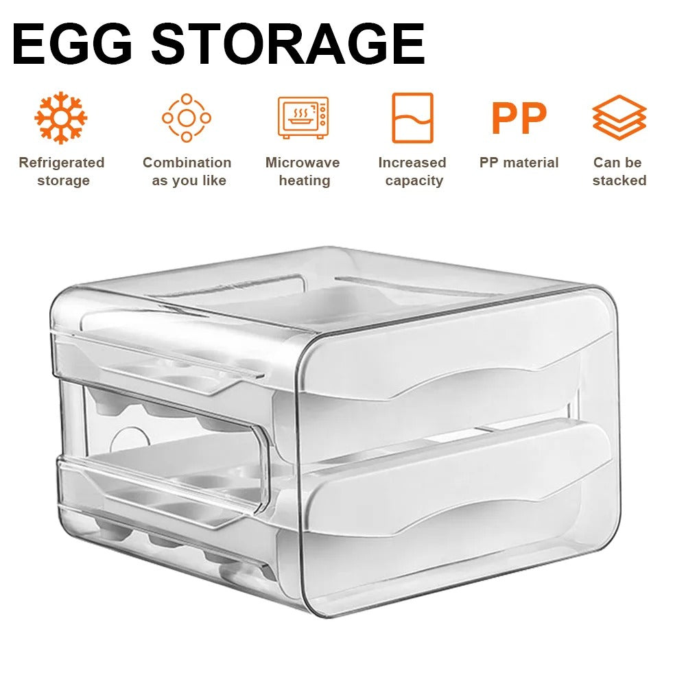 Drawer Egg Holder Rack – 2 Layer Refrigerator Egg Storage Box (32 Grid, White)