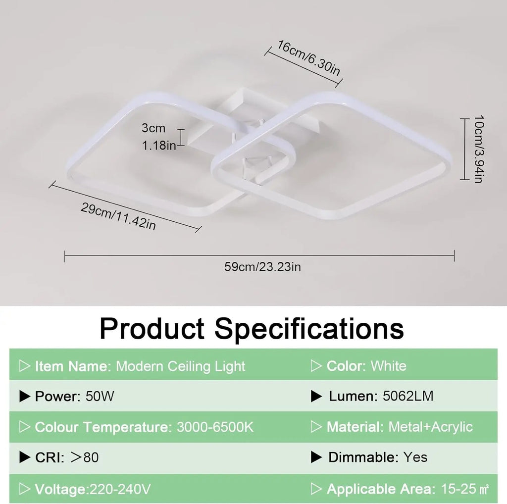 50W 5625LM LED Ceiling Light Dimmable,Ceiling Lamp with Remote Control 3000K-6500K 59cm,Modern Square Ceiling Lamps for Bedroom