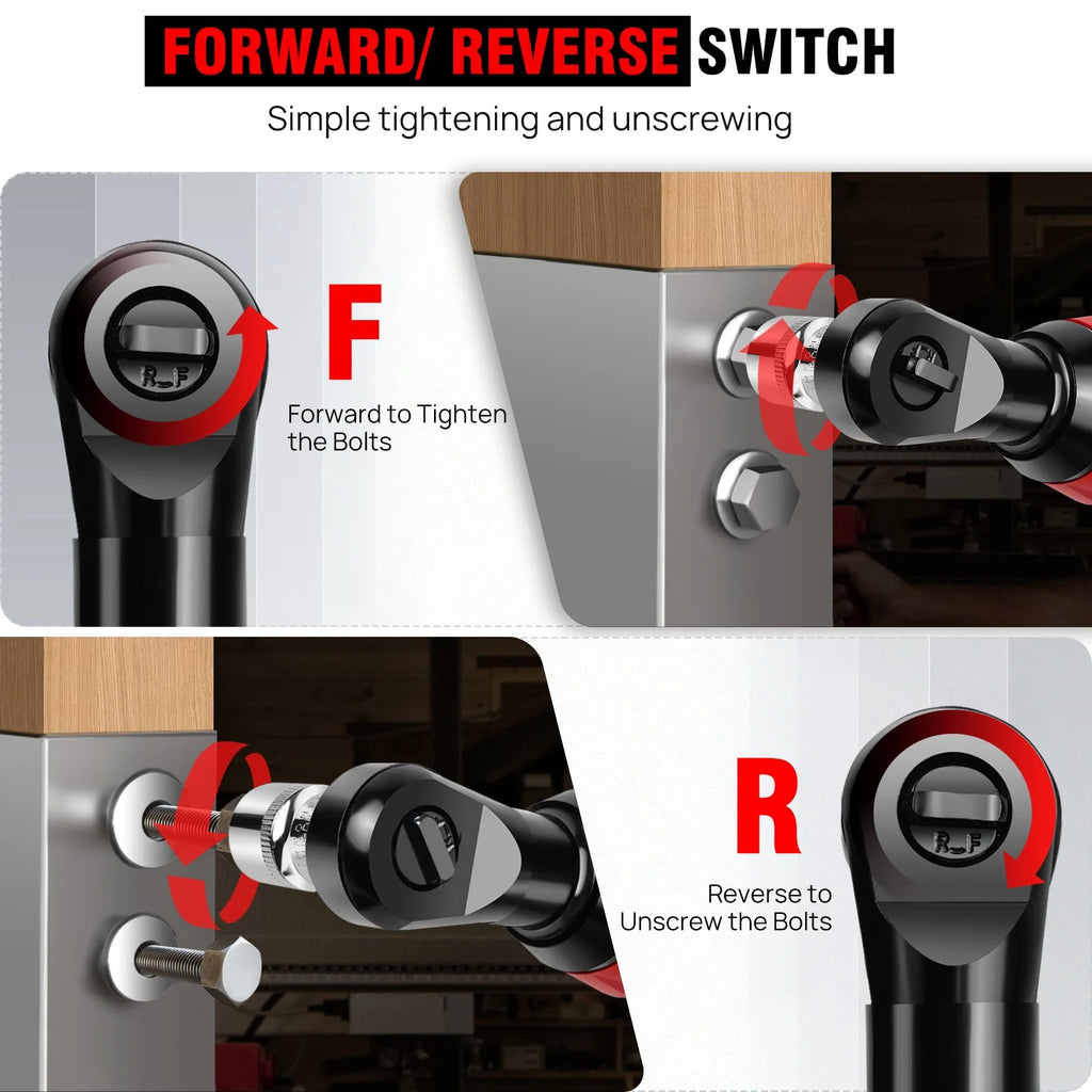 200NM 3/8" Cordless Electric Ratchet Wrench,90° Angle Wrench 12V Power Ratchet Tool with 2 Batteries & Charger+7 Sockets