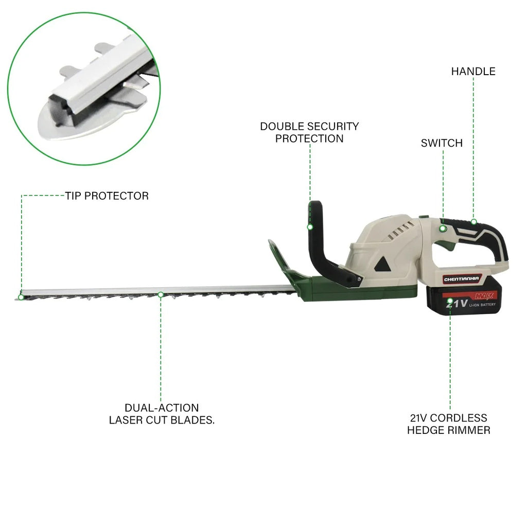 Brushless Cordless Hedge Trimmer 21V with 2 Batteries & Charger | Lightweight Garden Tree Branch Cutter