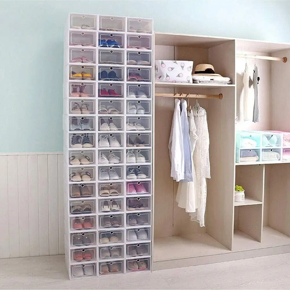 20/24PCS Foldable Clear Shoe Boxes Set – Stackable Plastic Shoe Rack Storage Container for Home Organizer 33×23×14cm