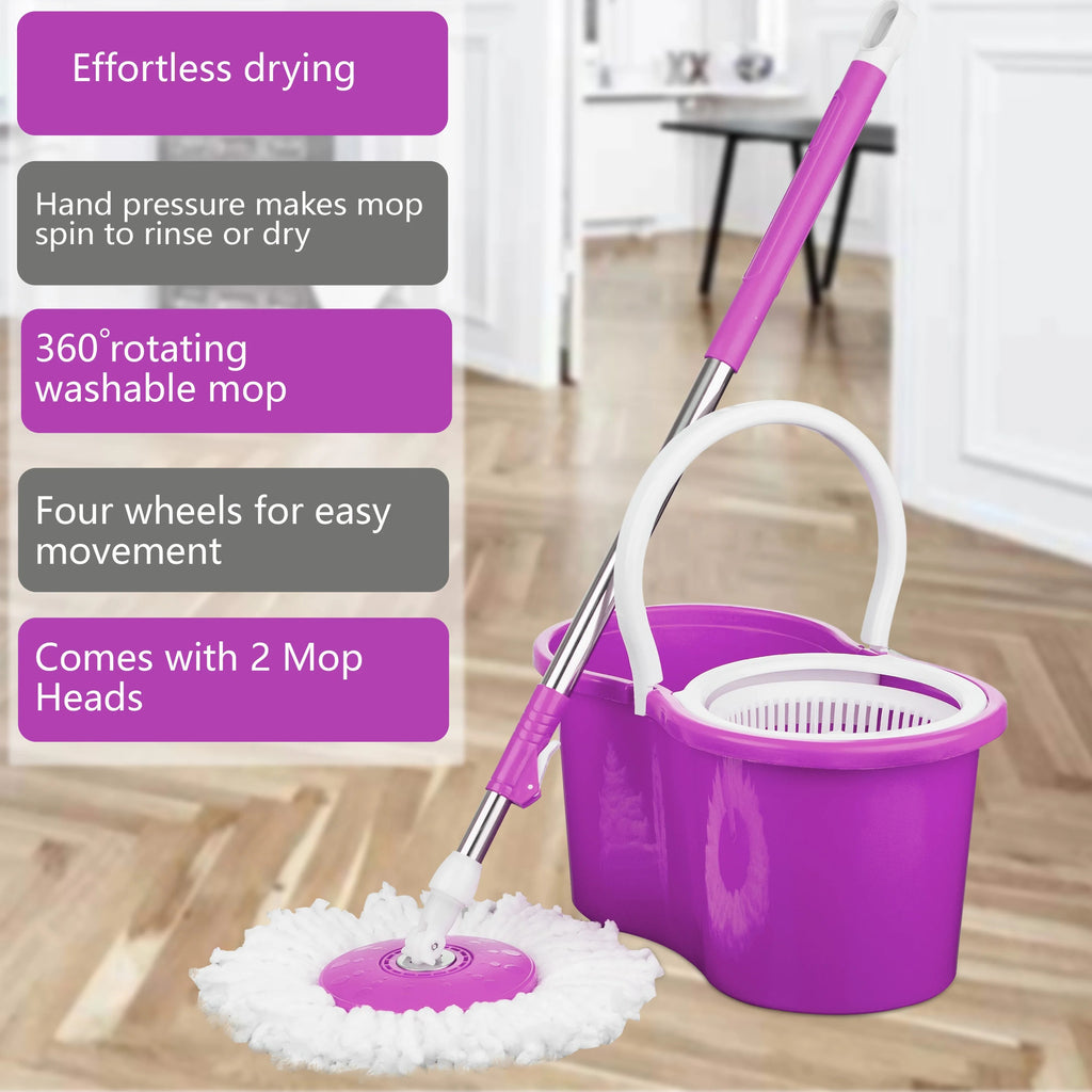 Spin Mop 360° Bucket Set Floor Magic Microfiber Rotating Dry Heads with 2 Heads