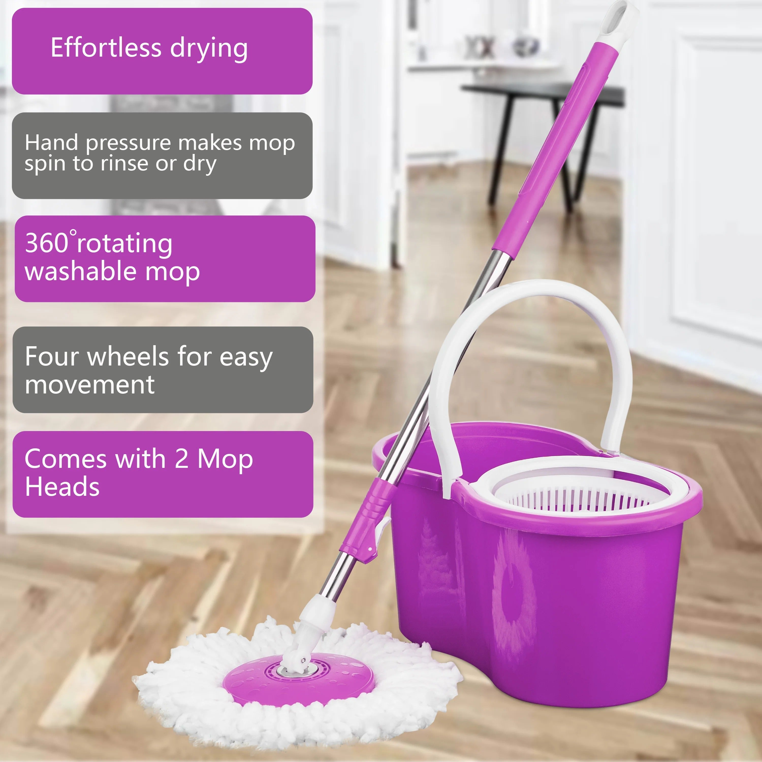 Spin Mop 360° Bucket Set Floor Magic Microfiber Rotating Dry Heads with 2 Heads